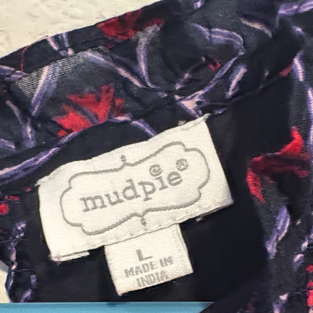 Mud Pie Navy Dress with Red pink Floral Pattern size large 100% cotton - Picture 2 of 8
